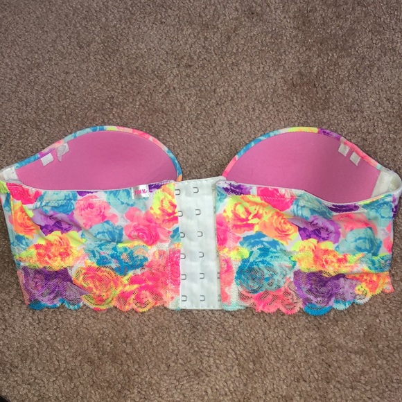 Pink Victoria’s Secret bustier colorful strapless bra lacey rainbow floral 34B - Picture 5 of 10